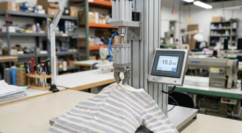 Button pull strength test being performed on a baby romper.